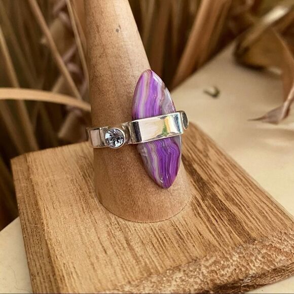 Mexican Laguna Lace & Blue Topaz Solid Sterling Silver Ring Size 9 - Picture 7 of 8